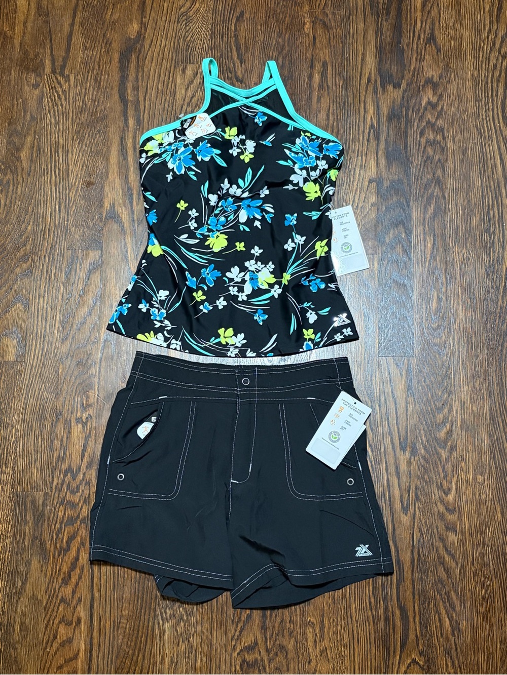 NWT ZeroXposur Women's Black Floral Windowpane 2Pc Tankini Swim Set